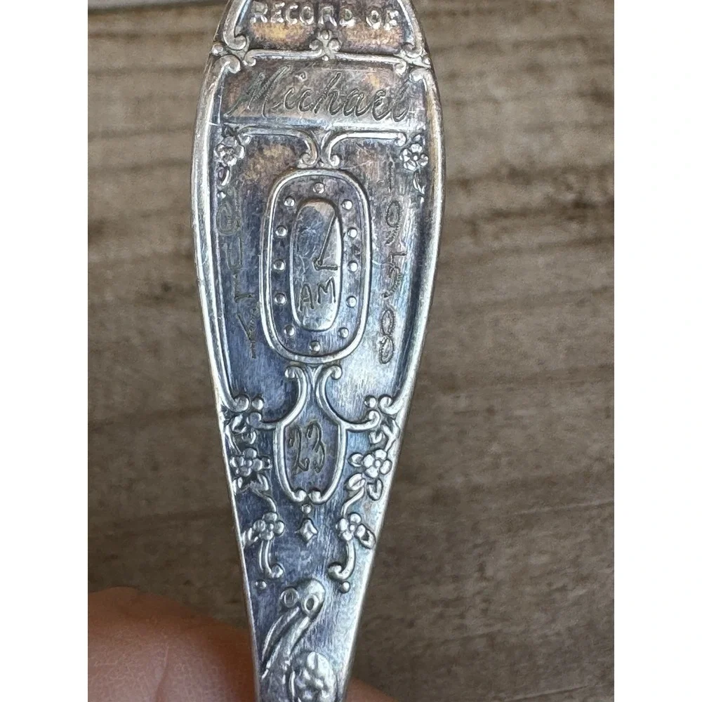 Vtg Silver-Plate WM Rogers Birth‎ Record Baby Spoon Stork Engraved Michael 1958